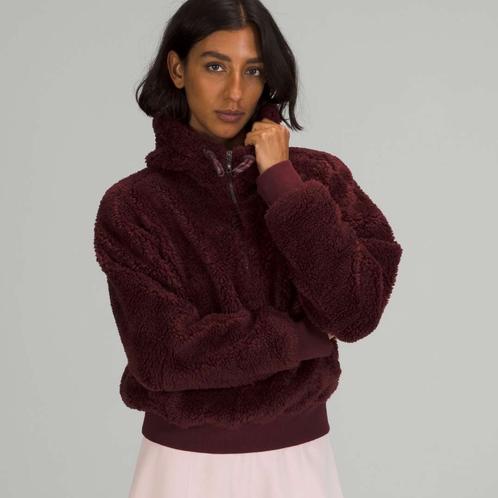 Lululemon Textured Fleece 1/2 Half Zip Hoodie Pullover Red Merlot W3FLRS Size 10 - Picture 1 of 15